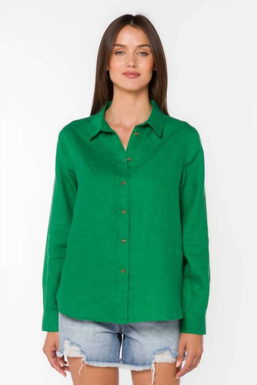 NEW VELVET HEART carmine linen long sleeve linen top in green foliage